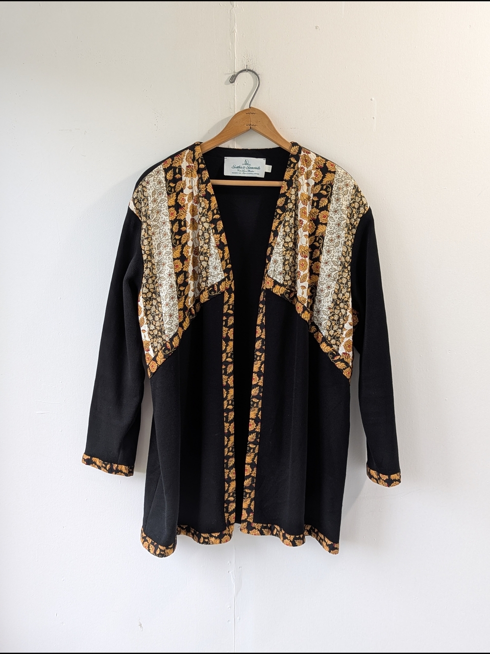 Suttles & Seawinds Cotton Black Open Front Cardigan with Orange Tan Floral Trim